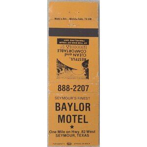 Vintage Matchbook Cover Baylor Motel Seymour TX Texas Orange